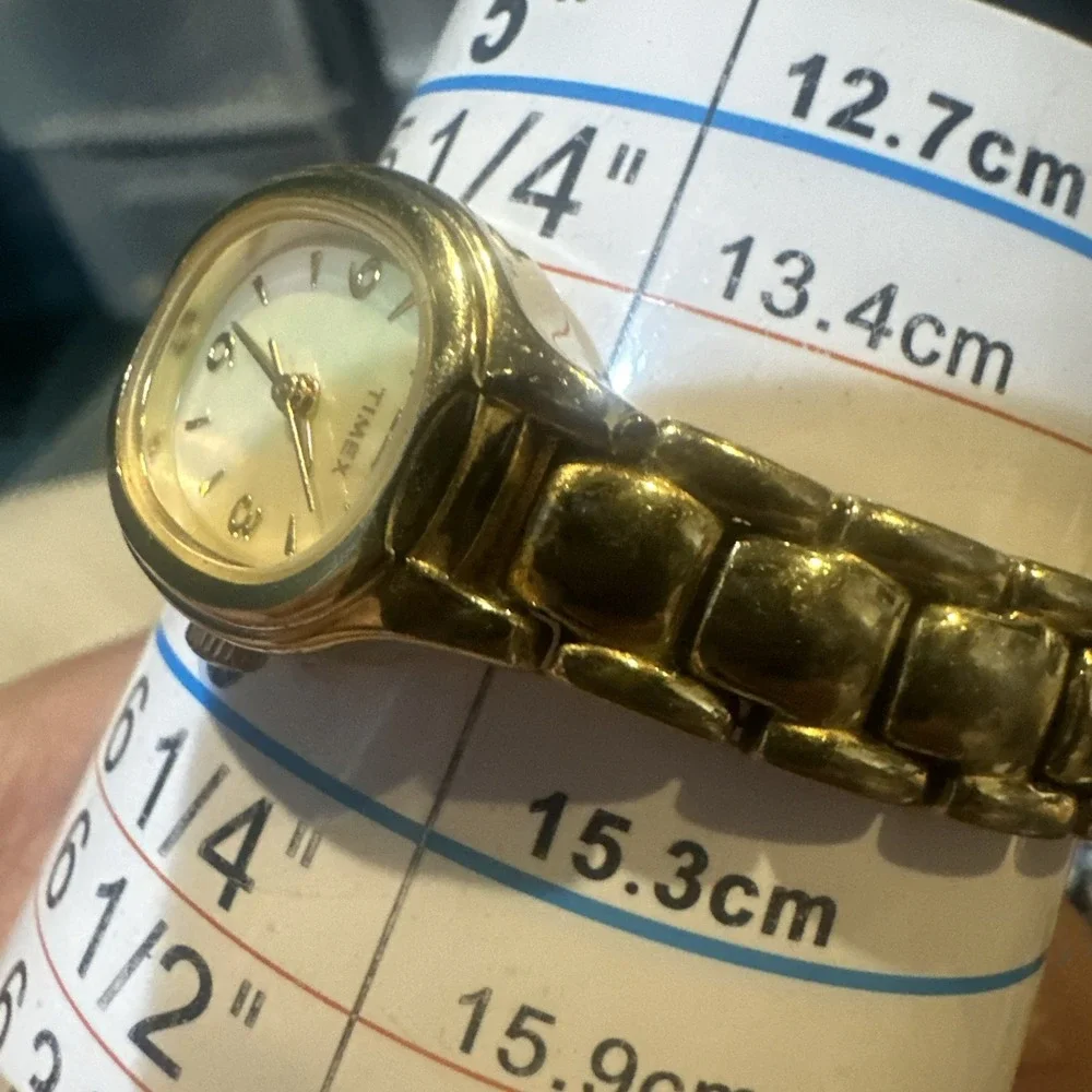 Works VTG Timex Womens Watch 12mm Gold Tone Oval MOP Dial New Battery Fit 5.5in